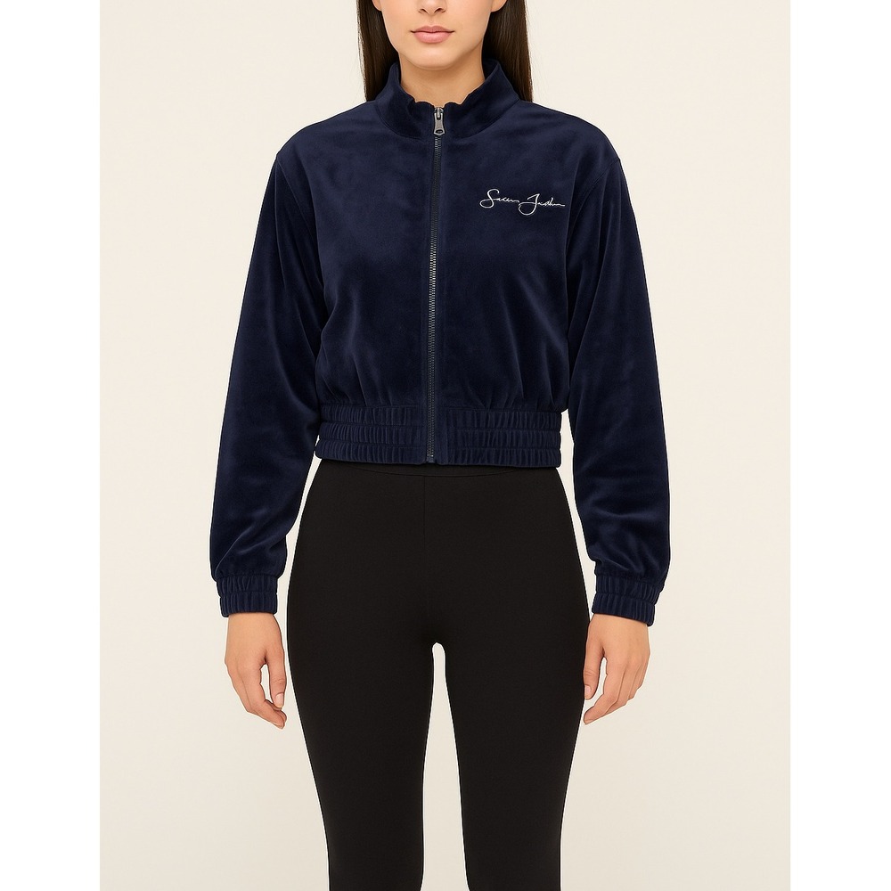Sean John x Missguided Navy Velour‎ Cropped Bomber Jacket | Size 6